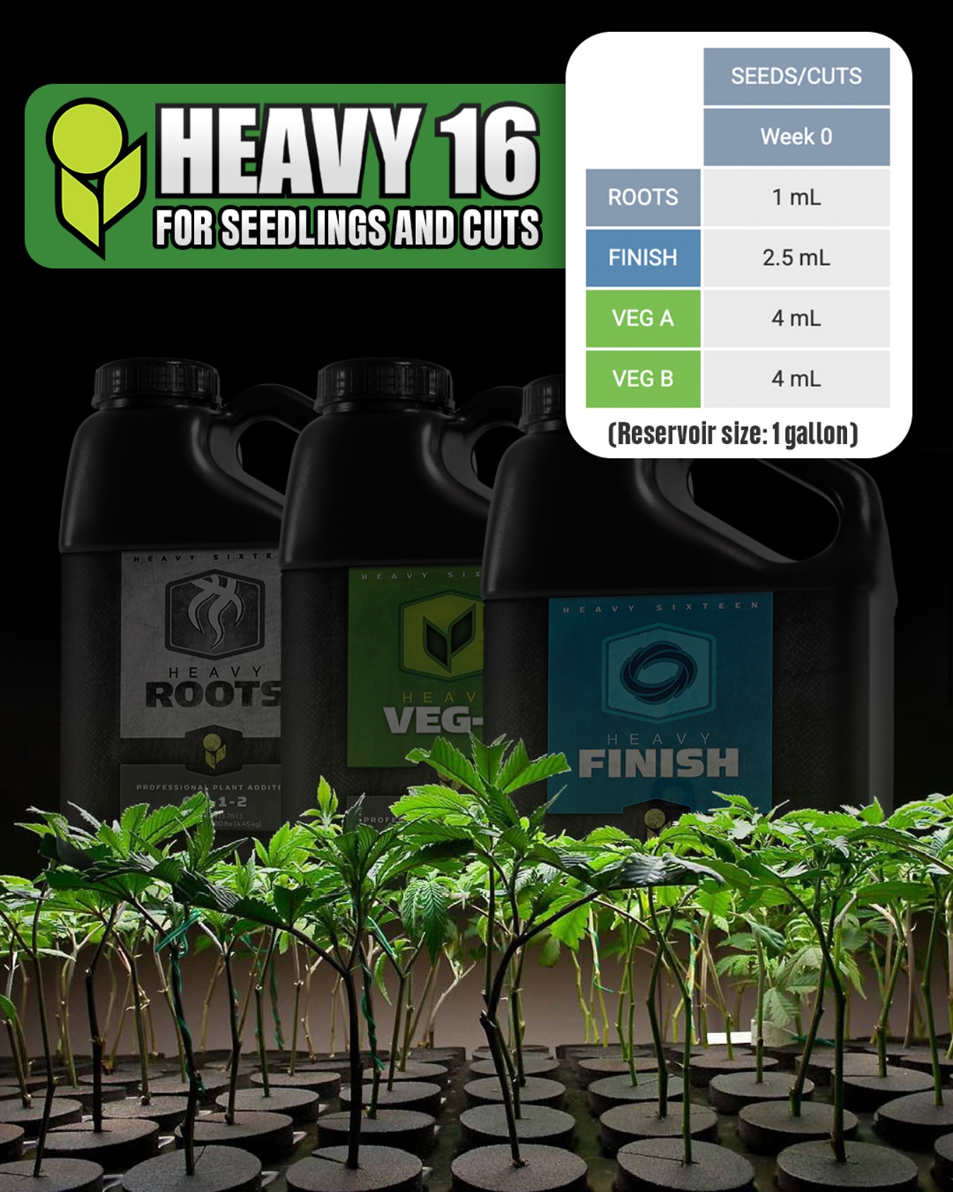 Don’t forget HEAVY16 can be used on seedlings and cuts! 🌱 

Found in the first column of freed cards, or at https://www.heavy16.com/nutrient-
calculator/. As shown, values are per gallon. 

You can pretreat with this solution for increased success rates during propagation as well as feed your freshly rooted seedlings or cuts! 🌿

#ROOTS will promote root development while stopping pythium and other possible infections in its tracks! Less damping off... more growing up!

Once rooting has started the low levels of our VEG base will help maintain growth, eliminating the nutritional stress in that transition for the little ones.

#HEAVY16 #HEAVY16Nutrients #HEAVY16Roots #HEAVY16Veg #HEAVY16Finish #GrowWithHEAVY #BigGrowerPreferred
