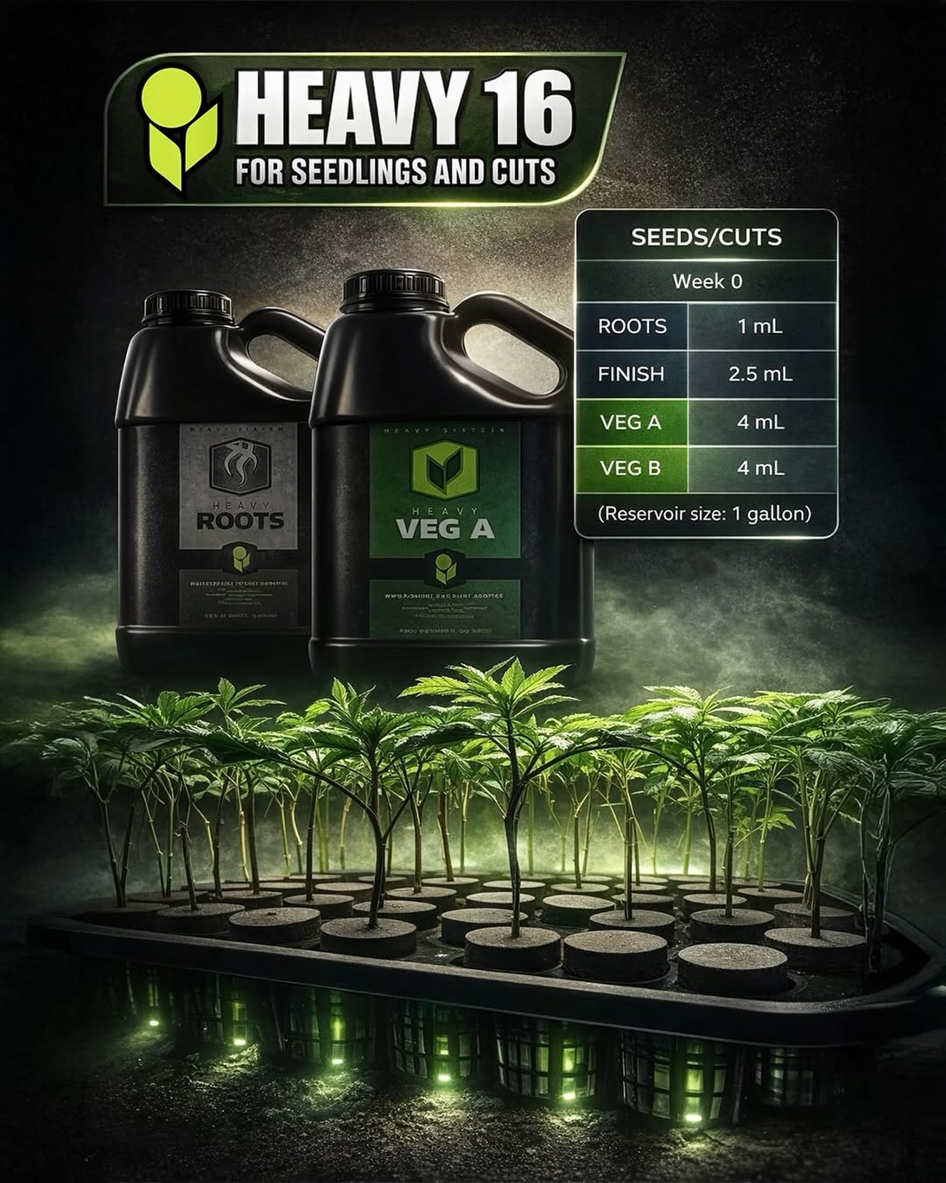 Don’t forget HEAVY16 can be used on seedlings and cuts! 🌱

Found in the first column of our feed cards, or at https://www.heavy16.com/nutrient-
calculator/. As shown, values are per gallon.

You can pretreat with this solution for increased success rates during propagation as well as feed your freshly rooted seedlings or cuts! 🌿

#ROOTS will promote root development while stopping pythium and other possible infections in its tracks! Less damping off... more growing up!

Once rooting has started the low levels of our VEG base will help maintain growth, eliminating the nutritional stress in that transition for the little ones.

#HEAVY16 #HEAVY16Nutrients #HEAVY16Roots #HEAVY16Veg